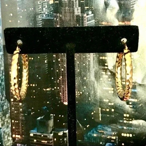 HOOP EARRINGS GOLD PLATED HAMMERED WOMANS IP PVD ION PLATED STAINLESS STEEL - Picture 2 of 10